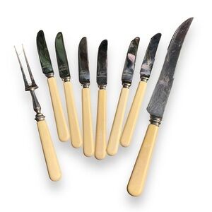 Vintage Bakelite Knife Set Butter & Serving Utensils MCM Yellow Handle Stainless